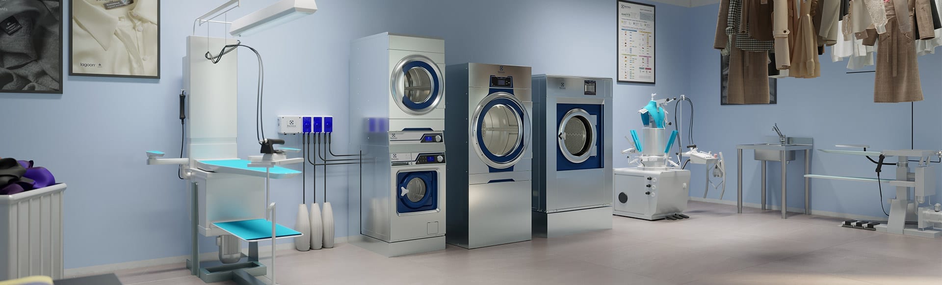 Hospital laundering services with multiple machines and medical coat hangers