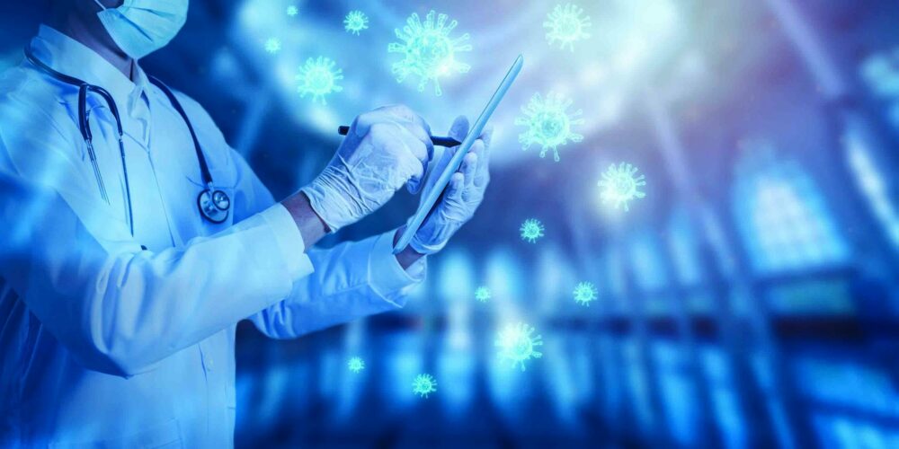 shutterstock_1694755447 Doctor consider coronavirus covid-19 technology concept, Abstract healthcare, Medicine doctor look virus spreading on tablet blue background, Corona virus outbreak and global epidemic virus, 3D virus; Shutterstock ID 1694755447; Purchase Order: RISE leaflet Antonella Favaro