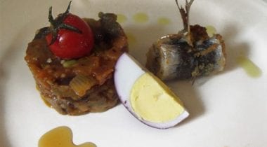 Baronial Caponata with fried stuffed sardine and “drunk” egg