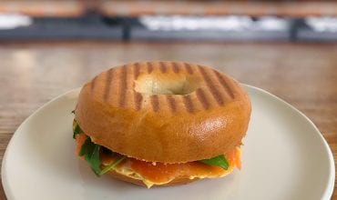 Pumpkin-cream cheese and cold smoked salmon bagel