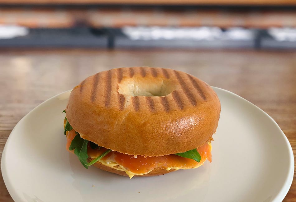 Pumpkin-cream cheese and cold smoked salmon bagel