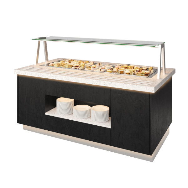 Modern display counter with assorted plates under a glass shield and stacked bowls on shelves.