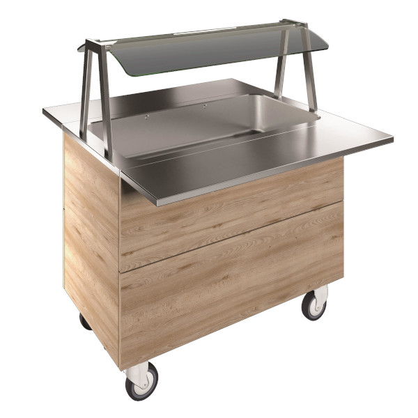 Trolley with overshelf and bain marie dispenser