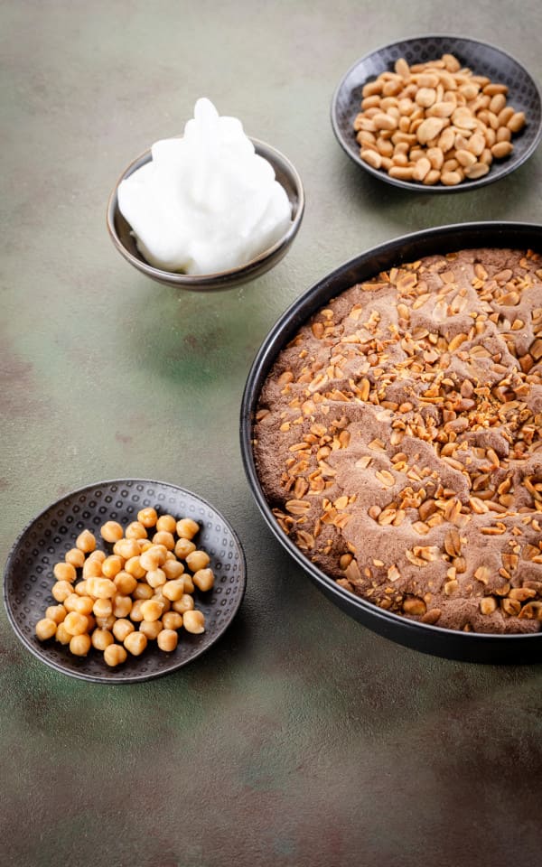Zero waste Aquafaba Chocolate Cake with peanuts and chickpeas and whipped aquafaba