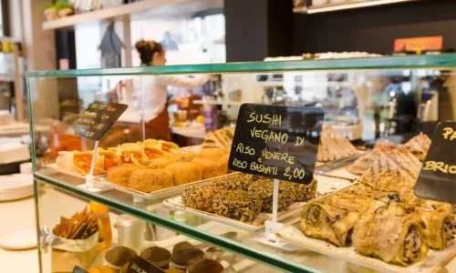 Display of various finger foods in a shop